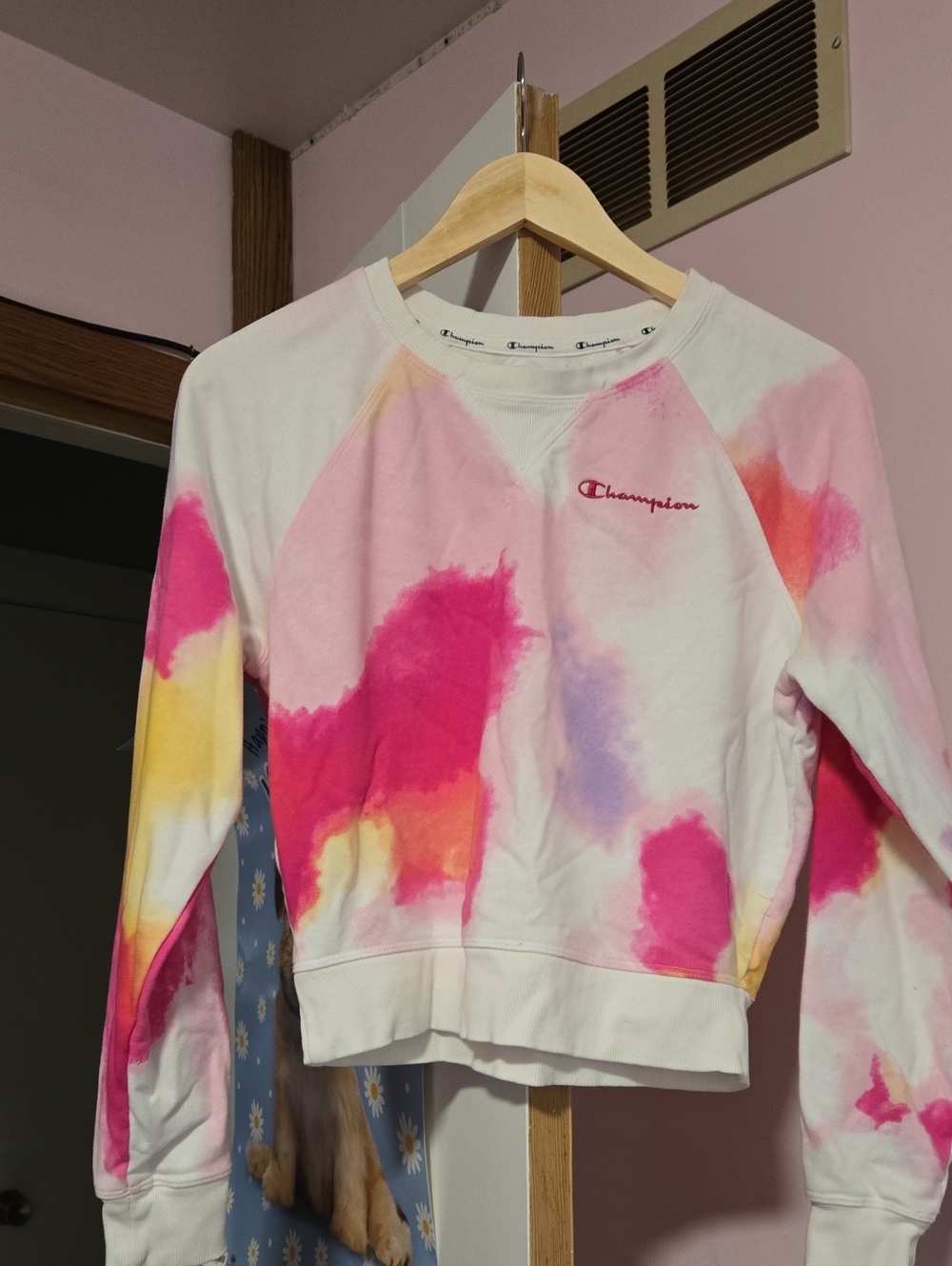 Champion Girls' White Sweatshirt with Pink Yellow Tie-Dye Accents